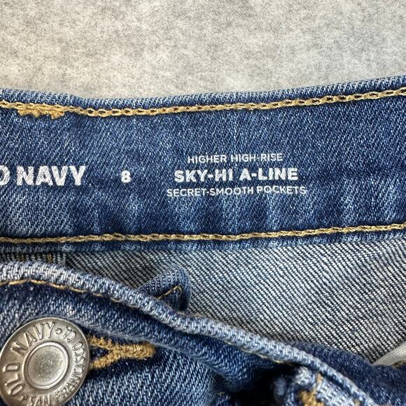 Old Navy Sky Hi A-Line Cut-Off Short WMNS 8 Blue High Rise Distressed Button Fly - Picture 4 of 7